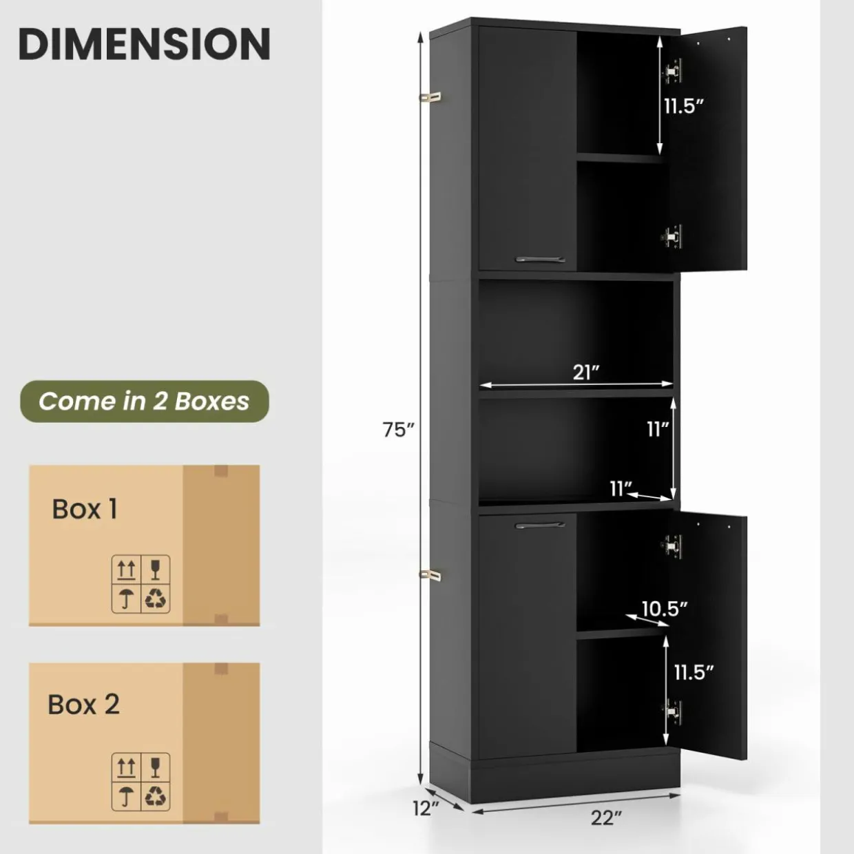 Tangkula 75" Tall Bathroom Storage Cabinet, Bathroom Floor Cabinet with 4 Doors & 2 Open Shelves