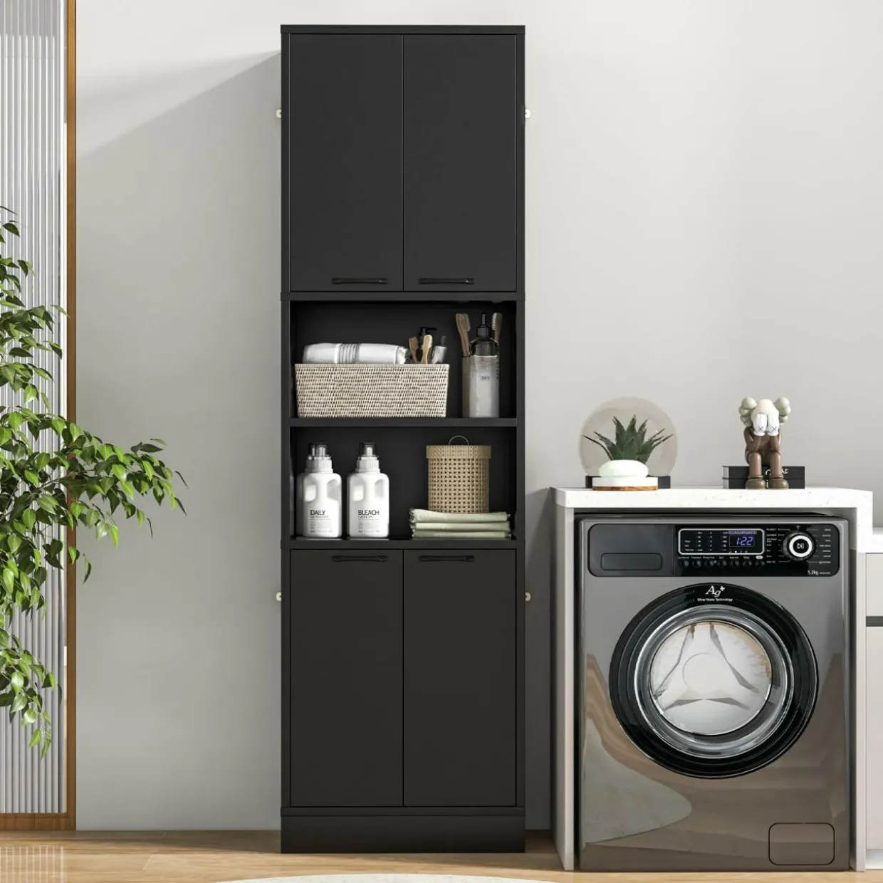 Tangkula 75" Tall Bathroom Storage Cabinet, Bathroom Floor Cabinet with 4 Doors & 2 Open Shelves