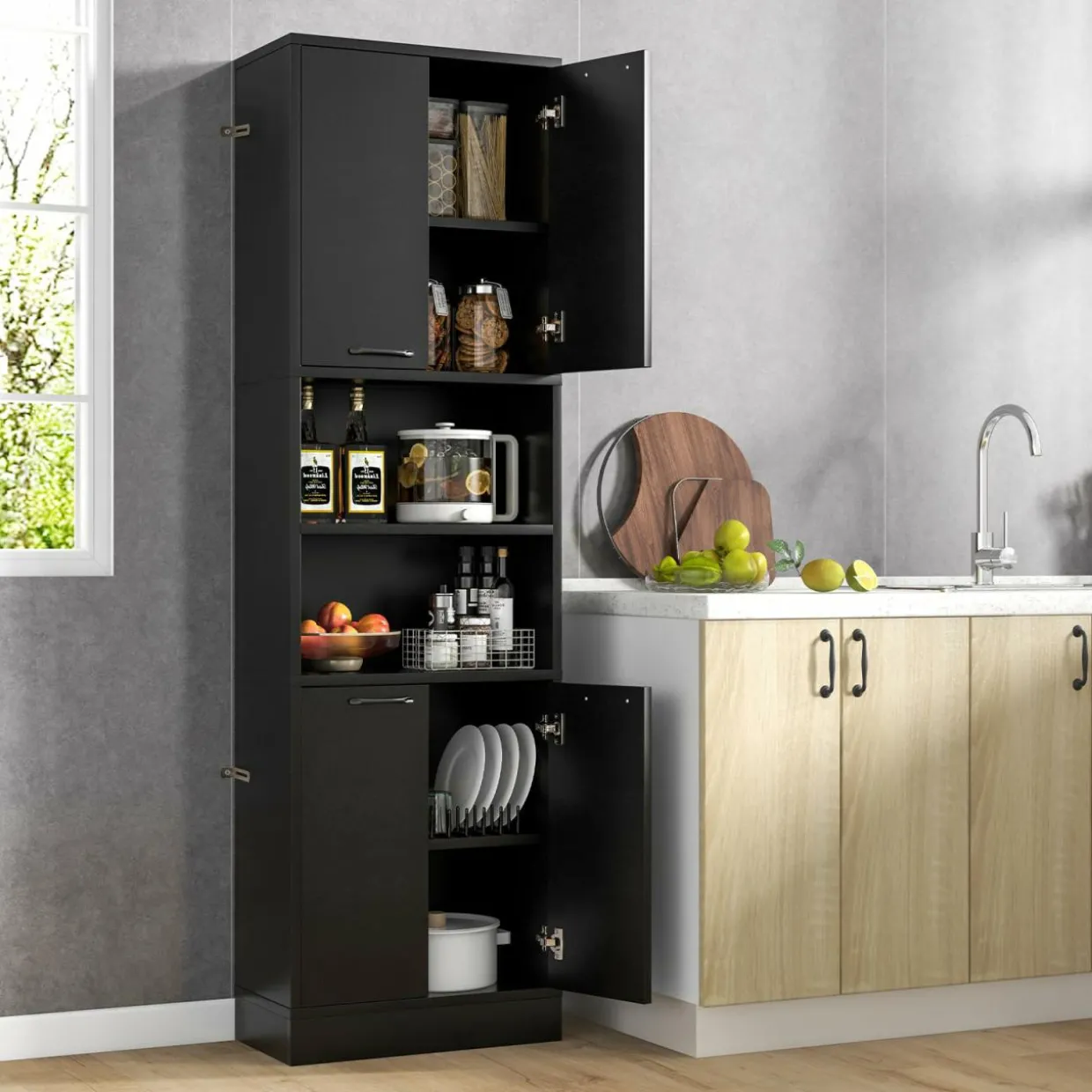Tangkula 75" Tall Bathroom Storage Cabinet, Bathroom Floor Cabinet with 4 Doors & 2 Open Shelves