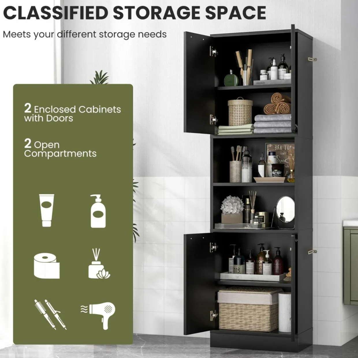 Tangkula 75" Tall Bathroom Storage Cabinet, Bathroom Floor Cabinet with 4 Doors & 2 Open Shelves