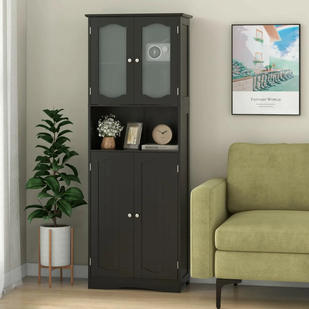 Tangkula 64.5" Tall Bathroom Storage Cabinet, Freestanding Linen Cabinet with Frost Glass Doors and Shelves