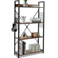 Tangkula 4 Tier Bookshelf with S-Shaped Hooks, Metal Frame Wood Look Display Shelf