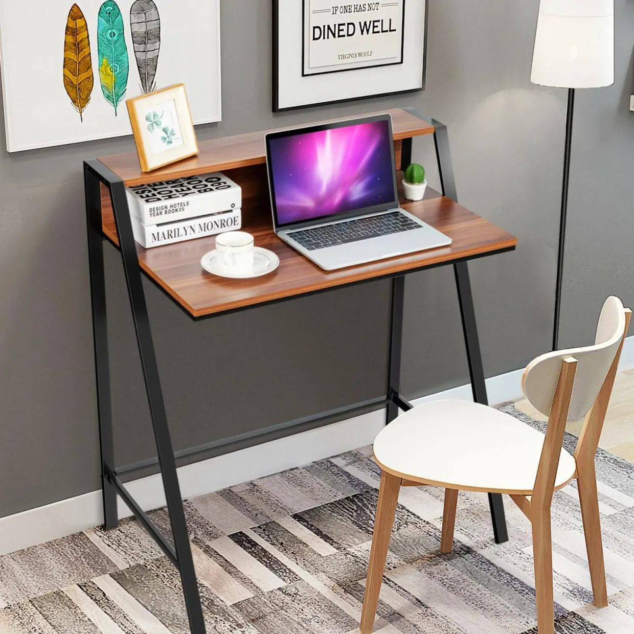 Tangkula 2 Tier Computer Desk, Home Office Desk with Sturdy Frame