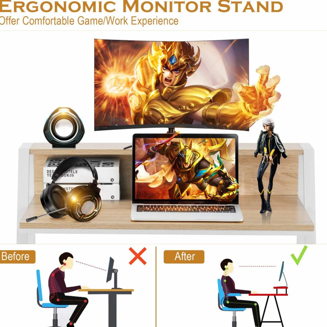 Tangkula 2 Tier Computer Desk, Home Office Desk with Sturdy Frame