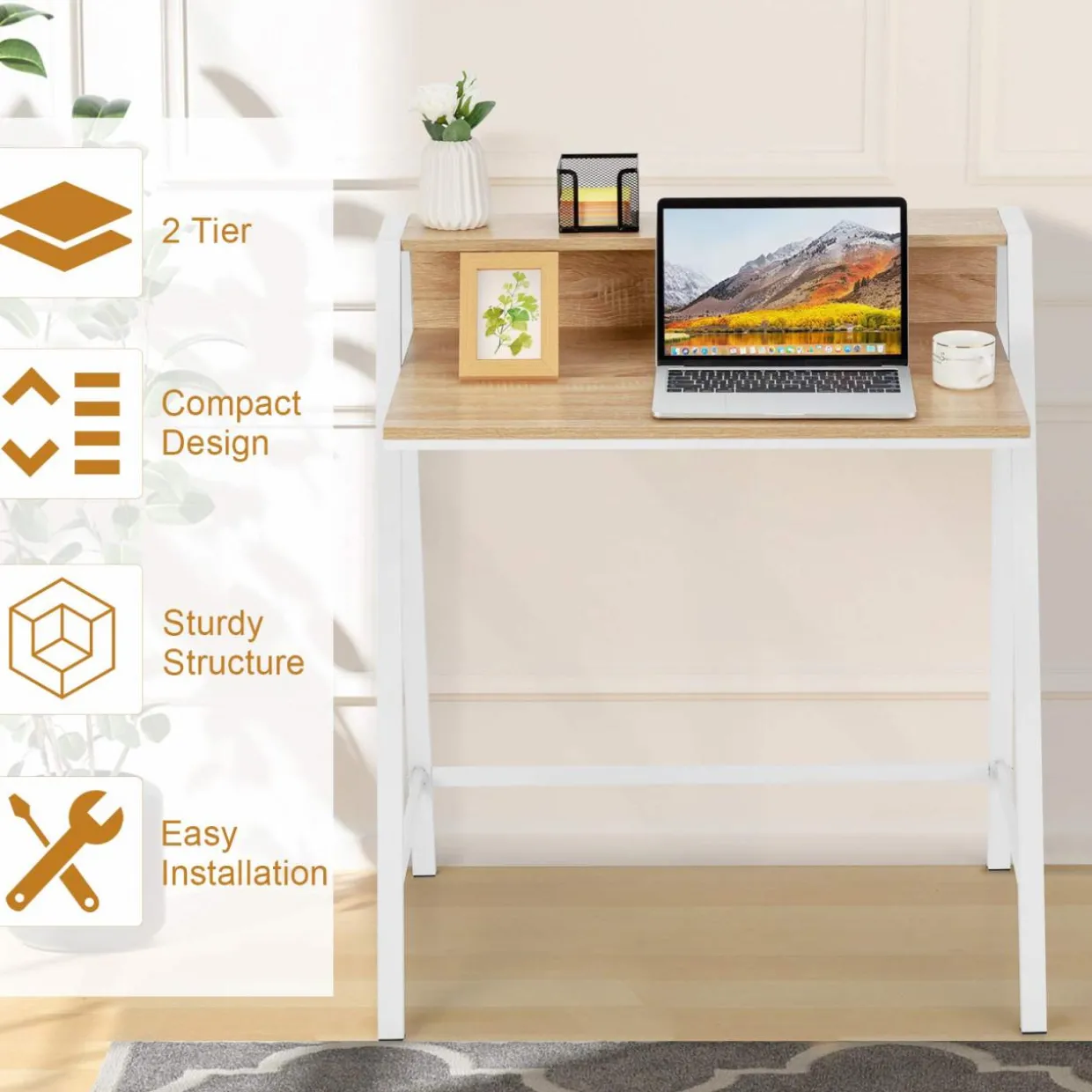 Tangkula 2 Tier Computer Desk, Home Office Desk with Sturdy Frame