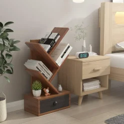 Tangkula 5 Tier Tree Bookshelf with Drawer, Rustic 5 Shelf Space Saving Corner Bookcase