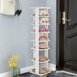 Tangkula 7 Tier Vertical Shoe Rack, Wooden Entryway Narrow Shoe Storage Stand