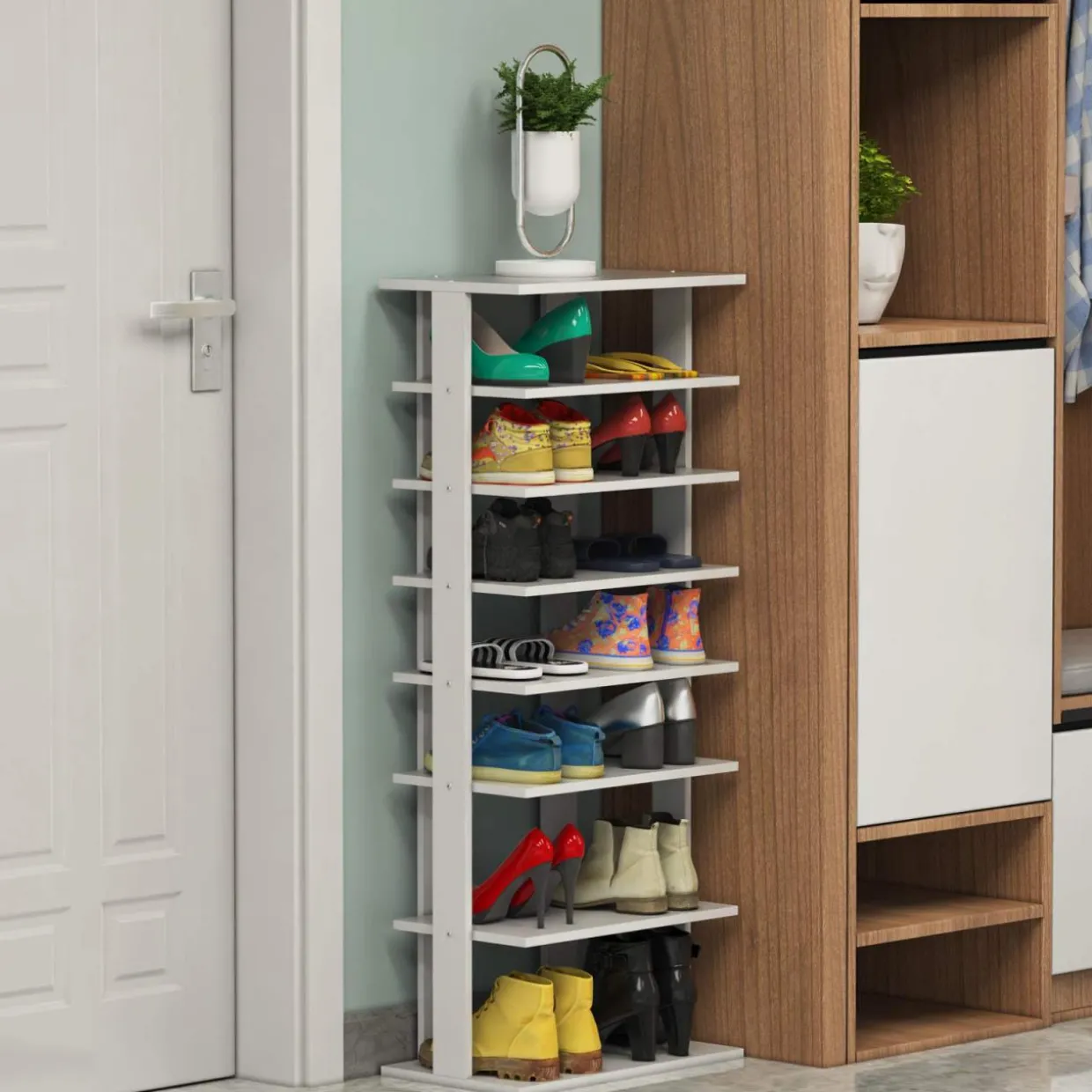 Tangkula 7 Tiers Vertical Shoe Rack, Entryway Slim Wooden Shoes Racks