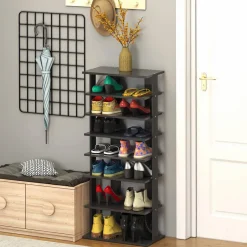 Tangkula 7 Tiers Vertical Shoe Rack, Entryway Wooden Shoes Racks, Modern Shoe Rack Organizer