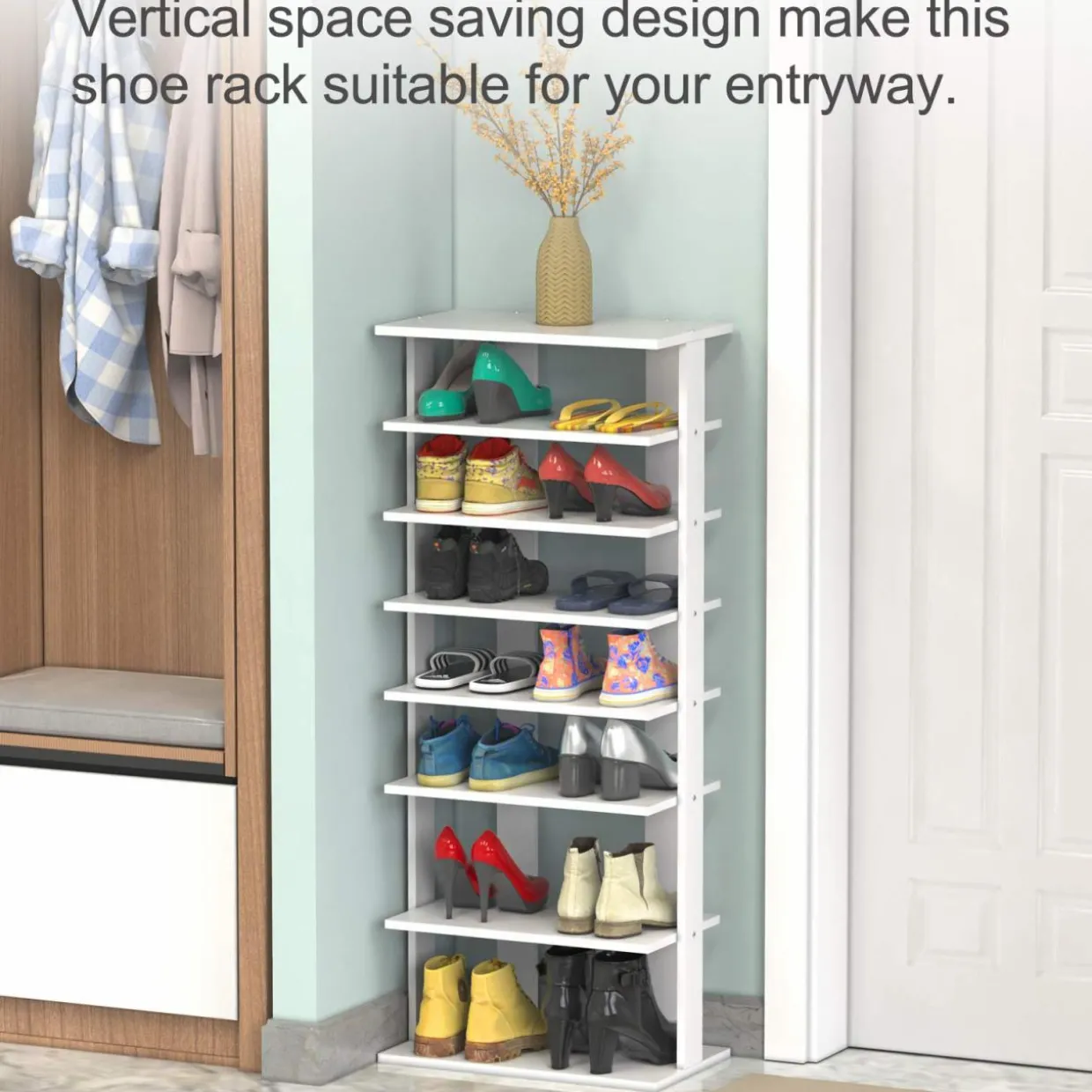 Tangkula 7 Tiers Vertical Shoe Rack, Entryway Slim Wooden Shoes Racks