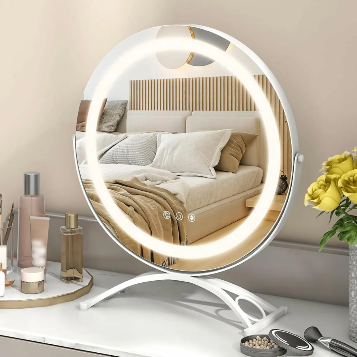 Tangkula 16" Vanity Mirror with Lights, 3 Color Dimmable LED Lighted Makeup Mirror with Touch Screen