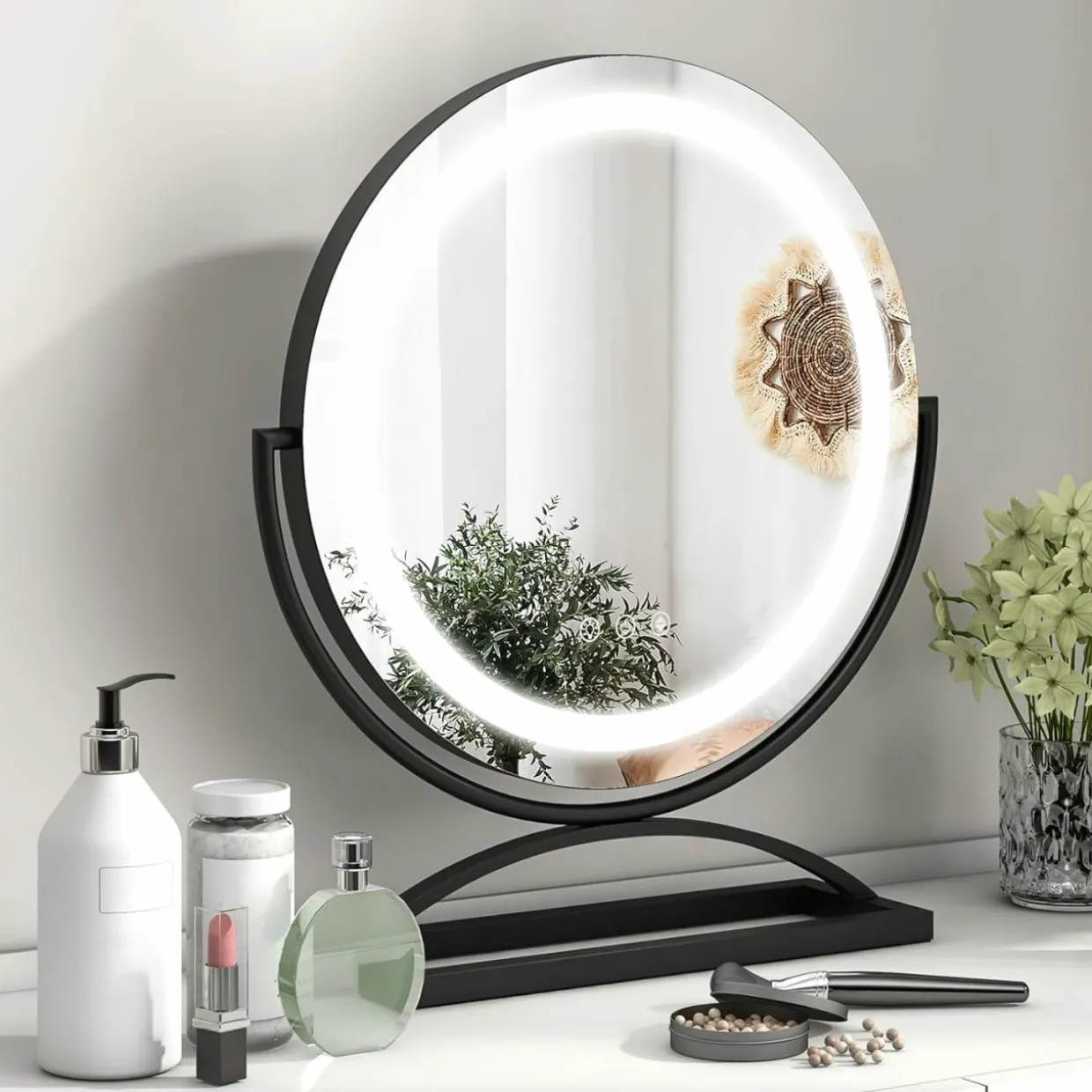 Tangkula 16" Vanity Mirror with Lights, 3 Color Dimmable LED Lighted Makeup Mirror with Touch Screen