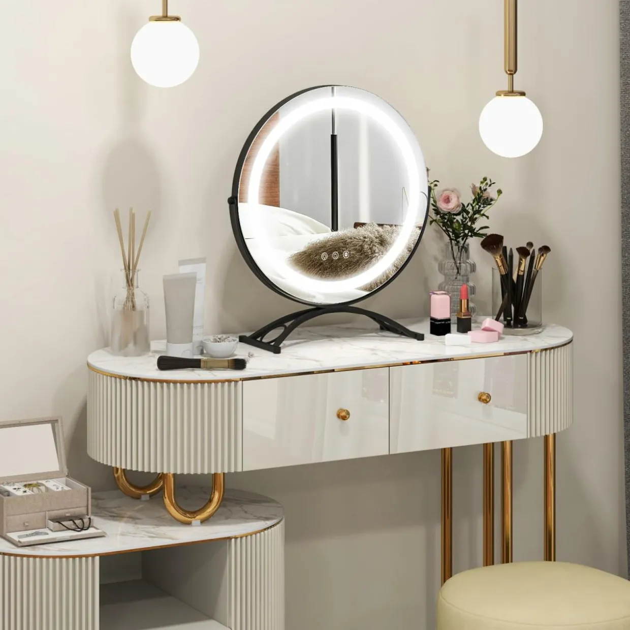 Tangkula 16" Vanity Mirror with Lights, 3 Color Dimmable LED Lighted Makeup Mirror with Touch Screen