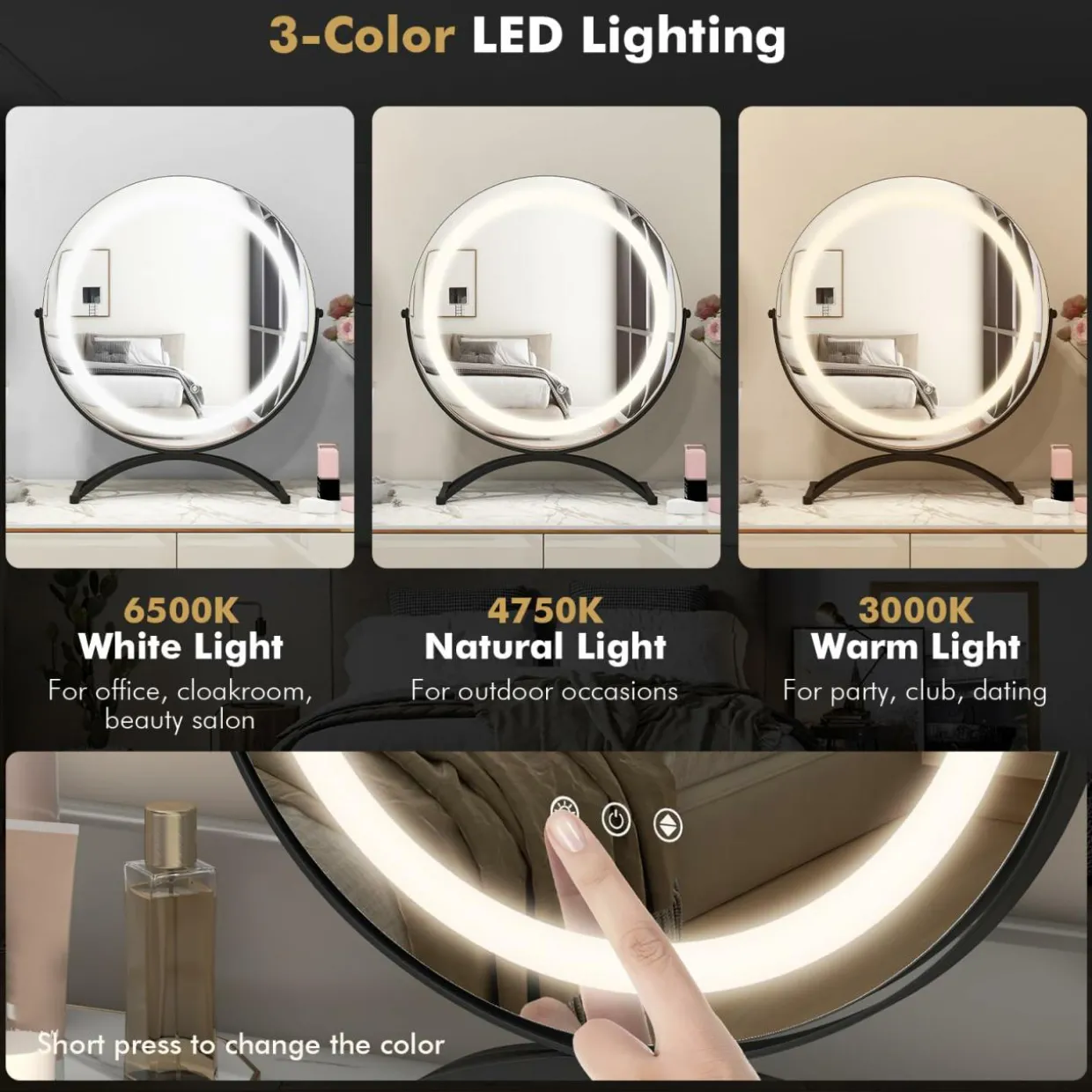 Tangkula 16" Vanity Mirror with Lights, 3 Color Dimmable LED Lighted Makeup Mirror with Touch Screen