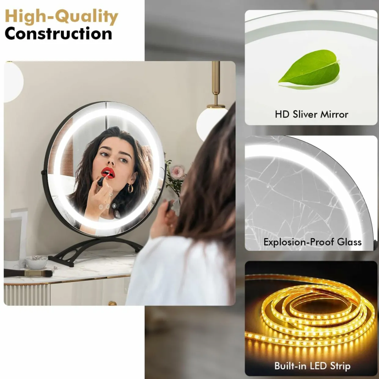 Tangkula 16" Vanity Mirror with Lights, 3 Color Dimmable LED Lighted Makeup Mirror with Touch Screen
