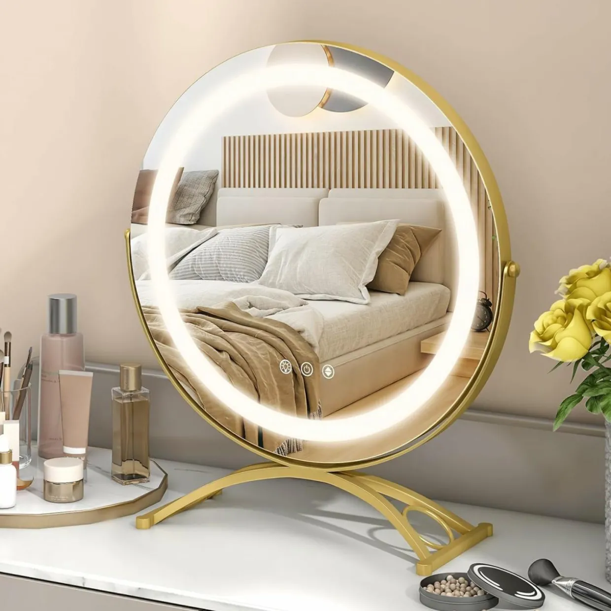 Tangkula 16" Vanity Mirror with Lights, 3 Color Dimmable LED Lighted Makeup Mirror with Touch Screen