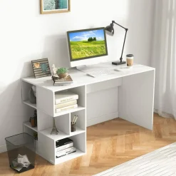 Tangkula 55" White Desk with Bookshelf, Modern Home Office Desk with 3 Tier Storage Shelves