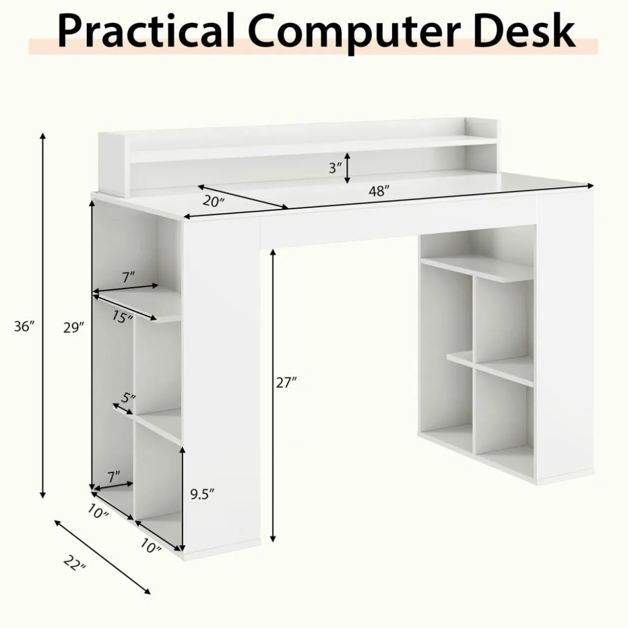 Tangkula 48" White Desk with Storage Bookshelf, Home Office Computer Desk with Dual 3 Tier Bookshelf & Monitor Shelf