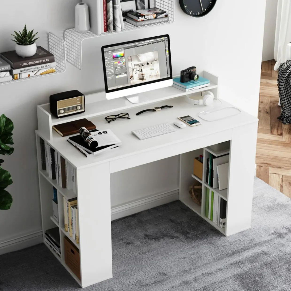 Tangkula 48" White Desk with Storage Bookshelf, Home Office Computer Desk with Dual 3 Tier Bookshelf & Monitor Shelf