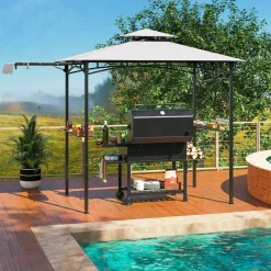 Tangkula 11 x 5 FT Grill Gazebo with Side Awning, 2-Tier Barbecue Gazebo with 2 Shelves, 12 Hanging Hooks