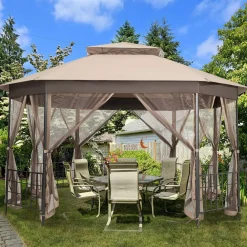 Tangkula 10 x 12 Ft Patio Gazebo, Heavy Duty Octagonal Gazebo Canopy w/Netting Sidewalls & Sturdy Steel Frame