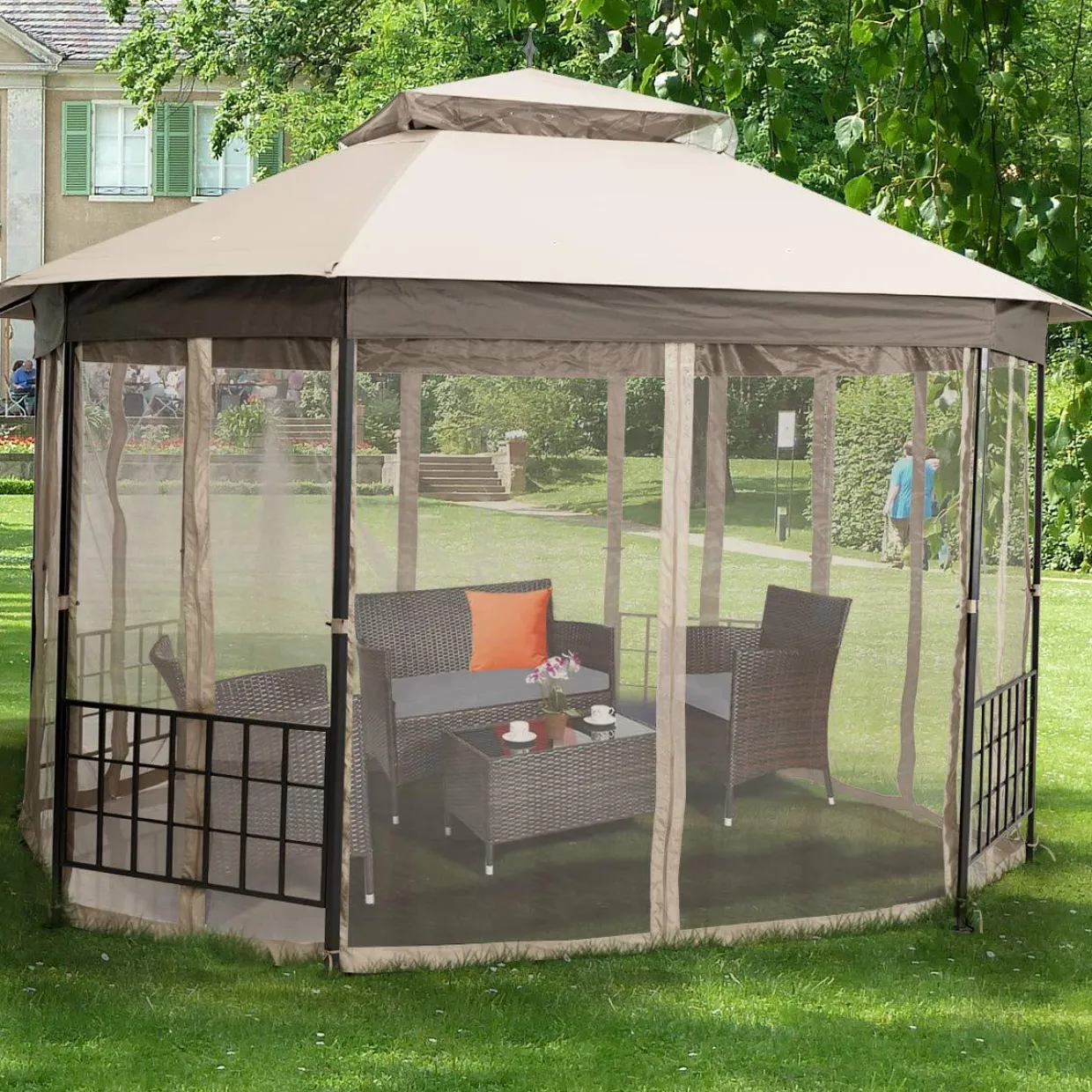 Tangkula 10 x 12 Ft Patio Gazebo, Heavy Duty Octagonal Gazebo Canopy w/Netting Sidewalls & Sturdy Steel Frame