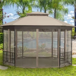 Tangkula 10 x 12 Ft Patio Gazebo, Heavy Duty Octagonal Gazebo Canopy w/Netting Sidewalls & Sturdy Steel Frame