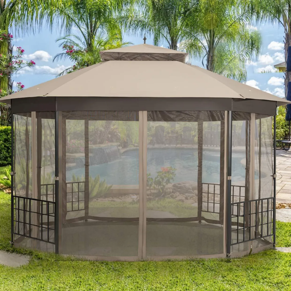 Tangkula 10 x 12 Ft Patio Gazebo, Heavy Duty Octagonal Gazebo Canopy w/Netting Sidewalls & Sturdy Steel Frame