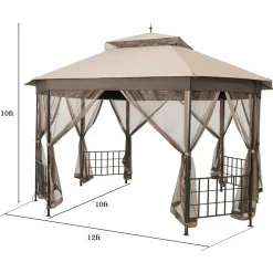 Tangkula 10 x 12 Ft Patio Gazebo, Heavy Duty Octagonal Gazebo Canopy w/Netting Sidewalls & Sturdy Steel Frame