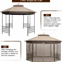 Tangkula 10 x 12 Ft Patio Gazebo, Heavy Duty Octagonal Gazebo Canopy w/Netting Sidewalls & Sturdy Steel Frame