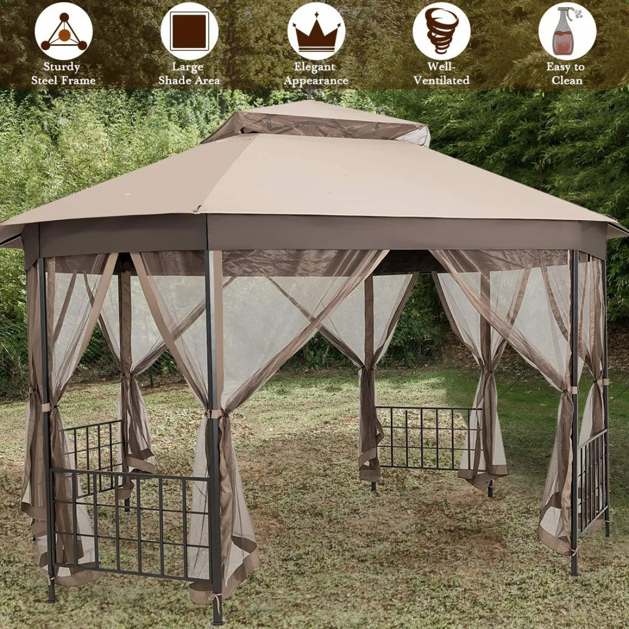 Tangkula 10 x 12 Ft Patio Gazebo, Heavy Duty Octagonal Gazebo Canopy w/Netting Sidewalls & Sturdy Steel Frame