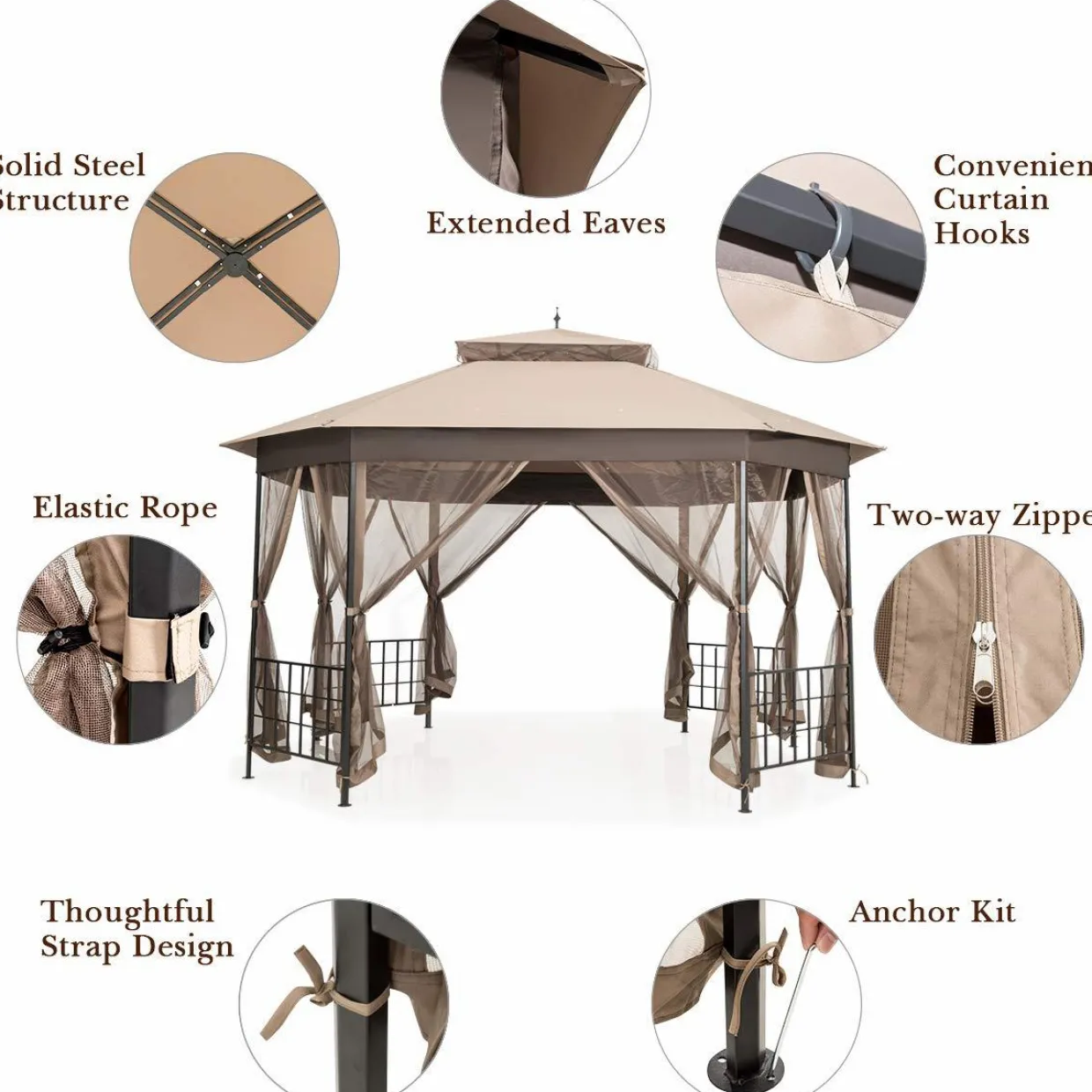 Tangkula 10 x 12 Ft Patio Gazebo, Heavy Duty Octagonal Gazebo Canopy w/Netting Sidewalls & Sturdy Steel Frame