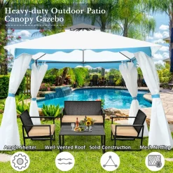 Tangkula 10 x 10 ft Patio Steel Gazebo, Outdoor Canopy Gazebo with Side Walls, Zippers, 2 Tier Vented Roof, Blue Trimming