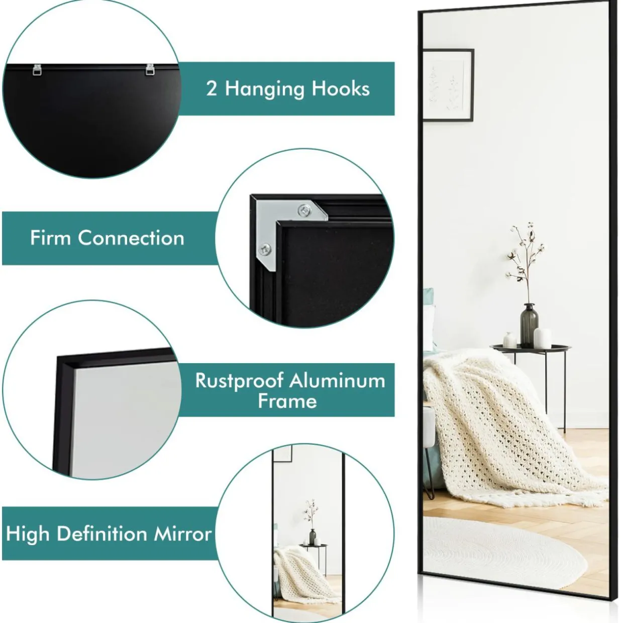 Tangkula 59" x 22" Full Length Mirror, Full Body Mirror with Rectangular Aluminum Frame and Explosion-Proof Glass