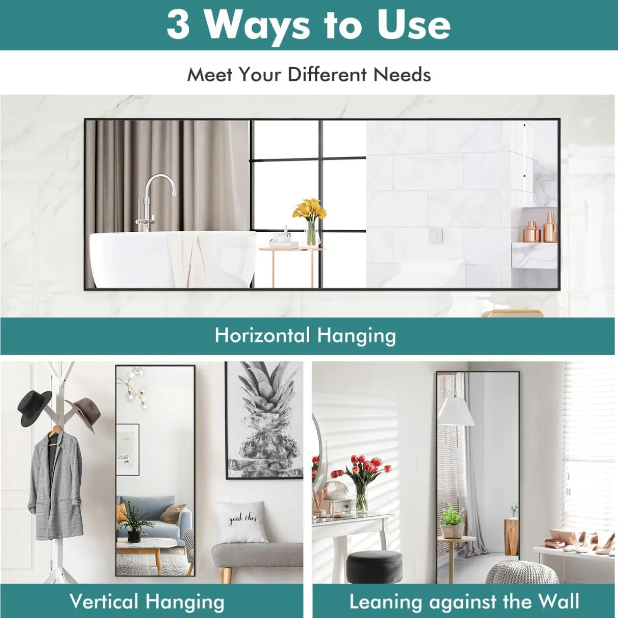 Tangkula 59" x 22" Full Length Mirror, Full Body Mirror with Rectangular Aluminum Frame and Explosion-Proof Glass