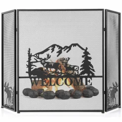 Tangkula 52 x 31 Inch Fireplace Screen, 3-Panel Folding Spark Guard w/Natural Scenery & Moose Pattern