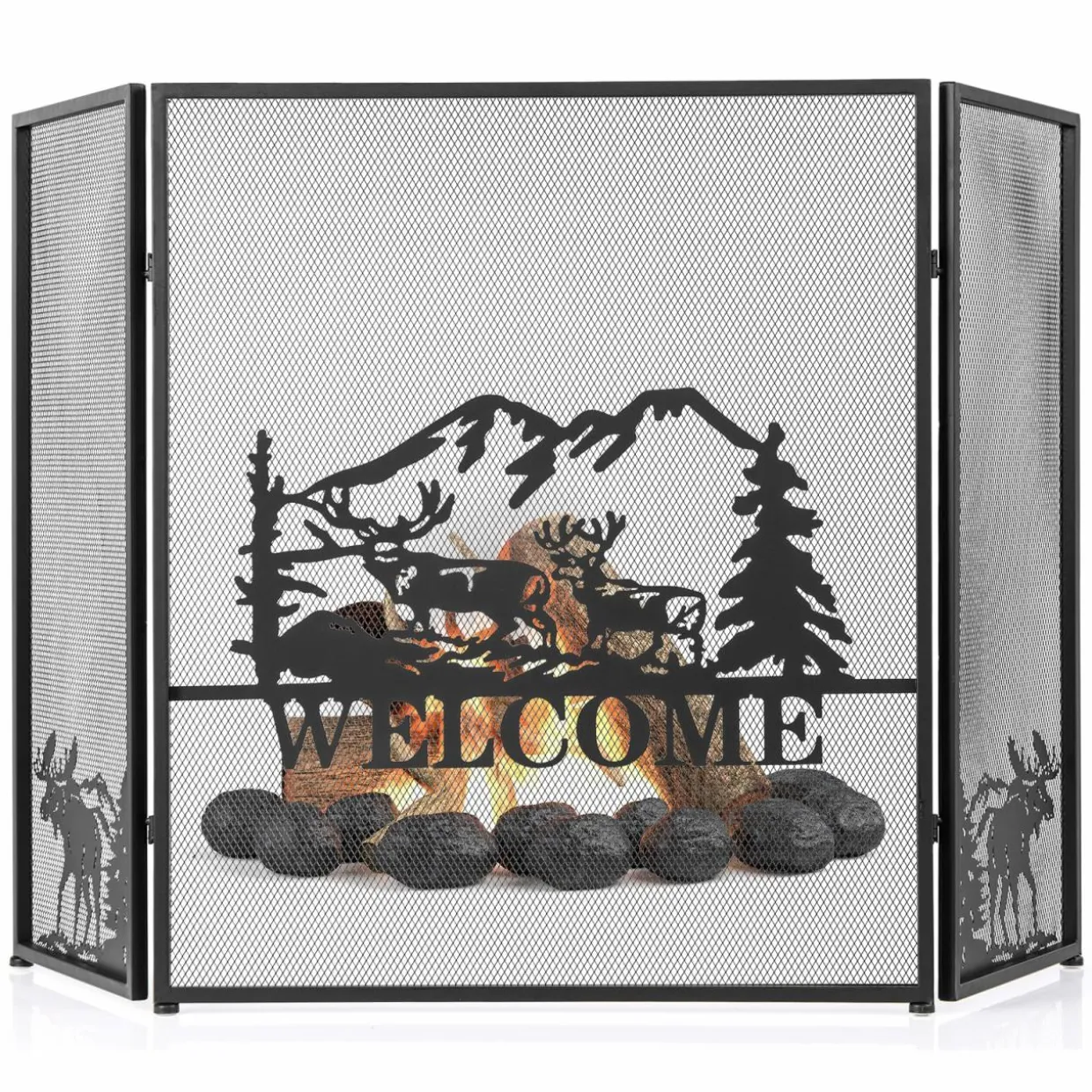 Tangkula 52 x 31 Inch Fireplace Screen, 3-Panel Folding Spark Guard w/Natural Scenery & Moose Pattern
