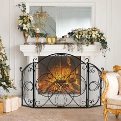 Tangkula 59.5 x 32.5 Inch Fireplace Screen, 3-Panel Folding Spark Guard w/Floral Pattern