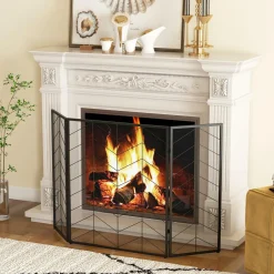 Tangkula 52 x 31 Inch Fireplace Screen, 3-Panel Folding Spark Guard w/Chevron Herringbone Pattern