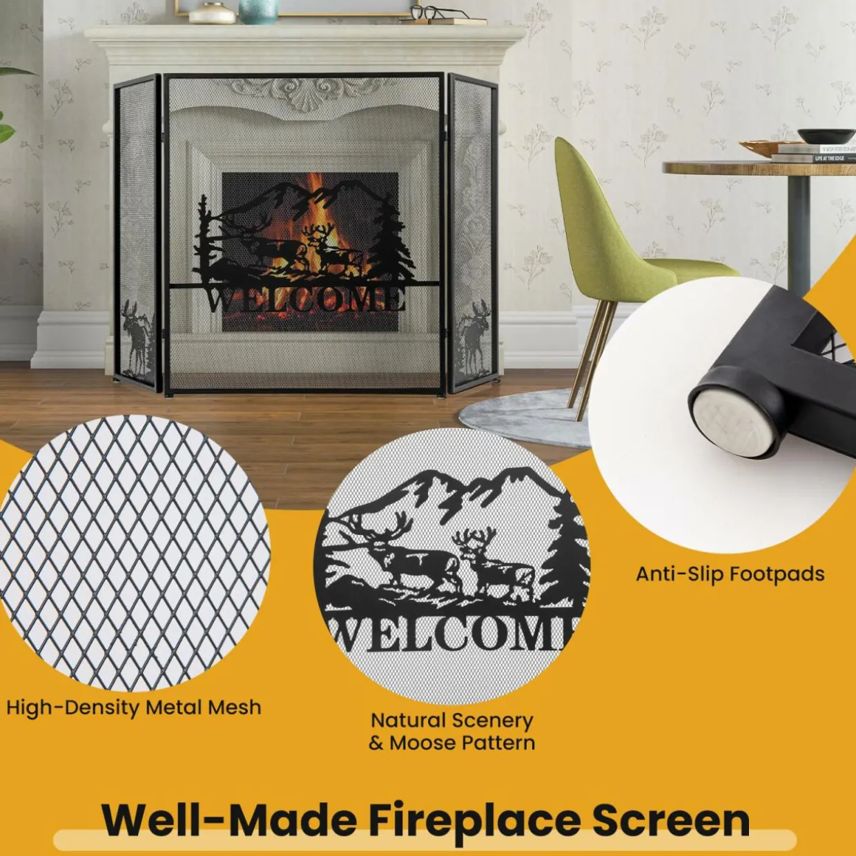 Tangkula 52 x 31 Inch Fireplace Screen, 3-Panel Folding Spark Guard w/Natural Scenery & Moose Pattern