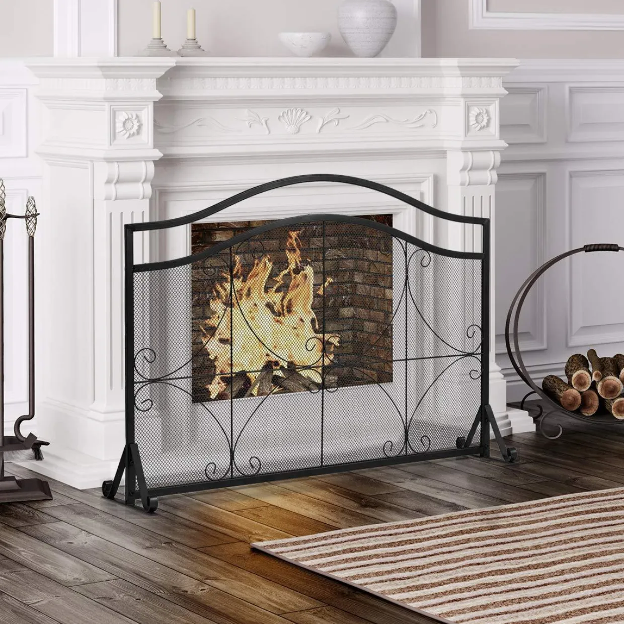 Tangkula 44.5" X 33" Inch Fireplace Screen, Decorative Iron Single Panel Fire Spark Guard Gate w/Metal Mesh