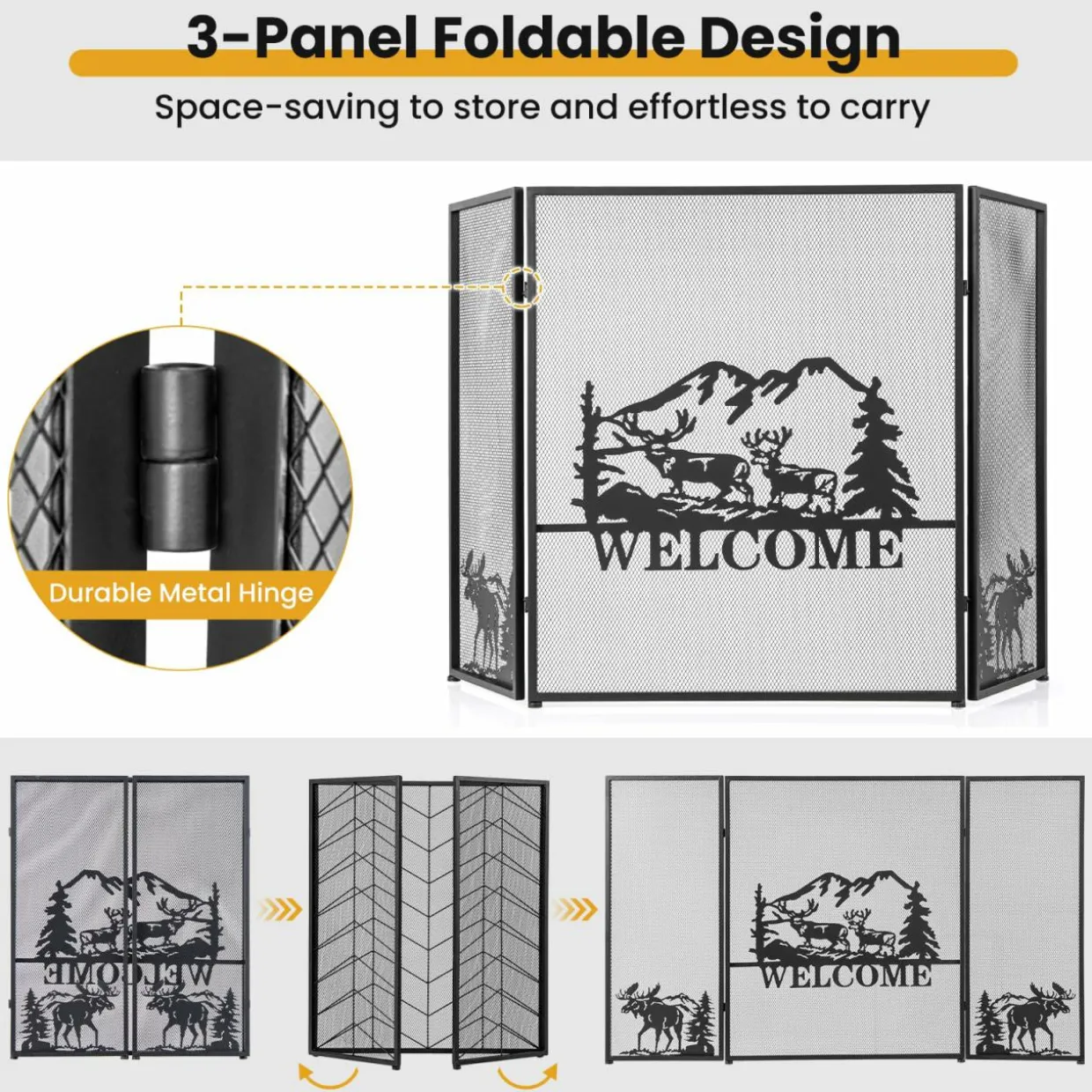 Tangkula 52 x 31 Inch Fireplace Screen, 3-Panel Folding Spark Guard w/Natural Scenery & Moose Pattern