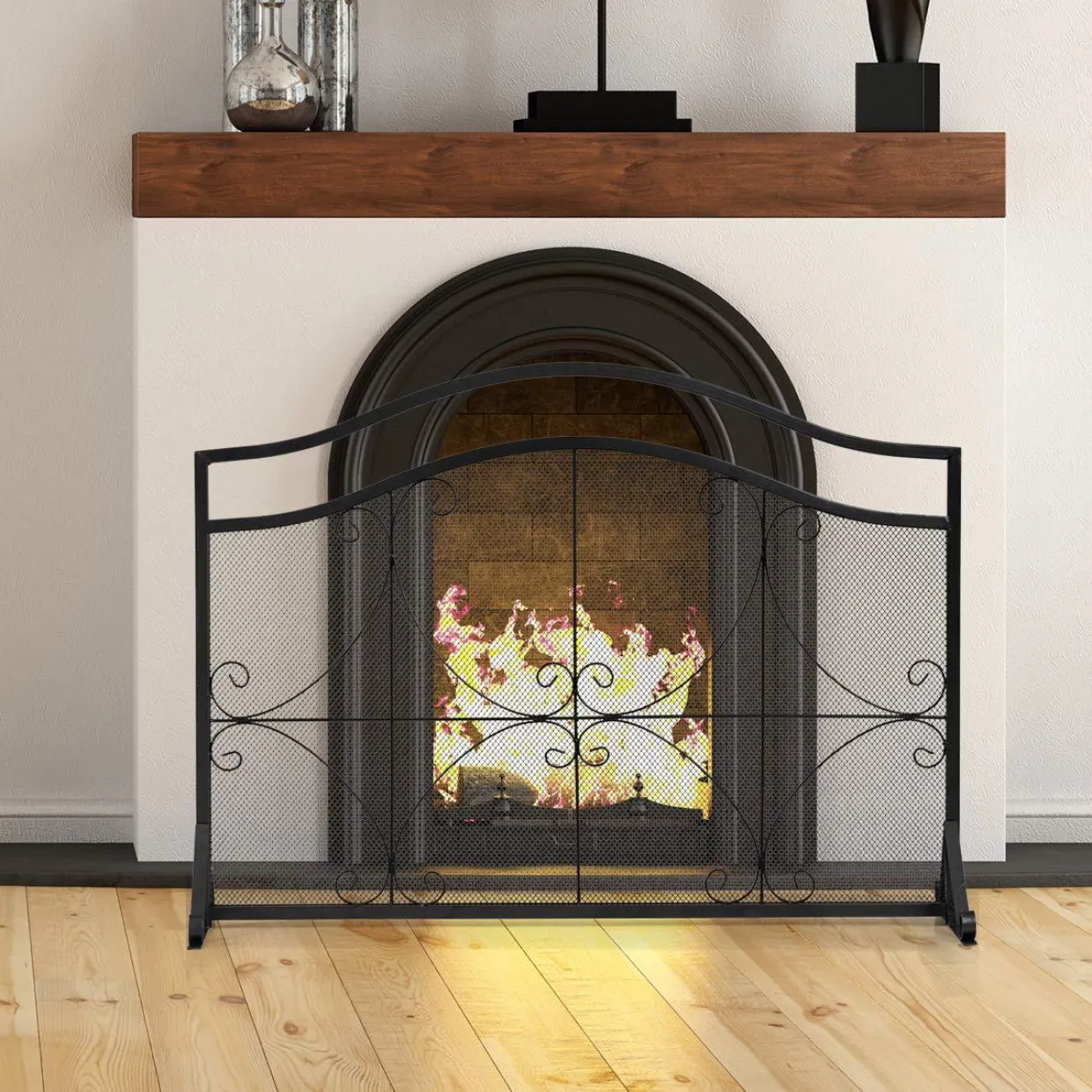 Tangkula 44.5" X 33" Inch Fireplace Screen, Decorative Iron Single Panel Fire Spark Guard Gate w/Metal Mesh