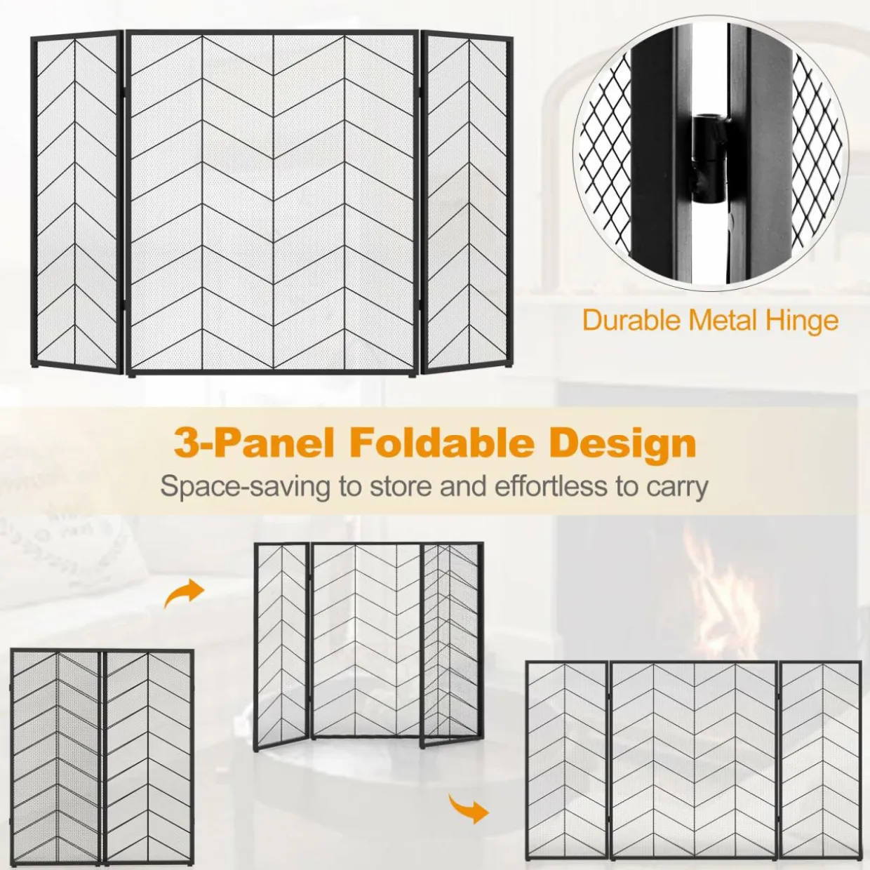 Tangkula 52 x 31 Inch Fireplace Screen, 3-Panel Folding Spark Guard w/Chevron Herringbone Pattern