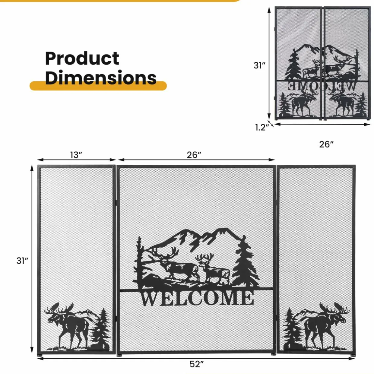 Tangkula 52 x 31 Inch Fireplace Screen, 3-Panel Folding Spark Guard w/Natural Scenery & Moose Pattern