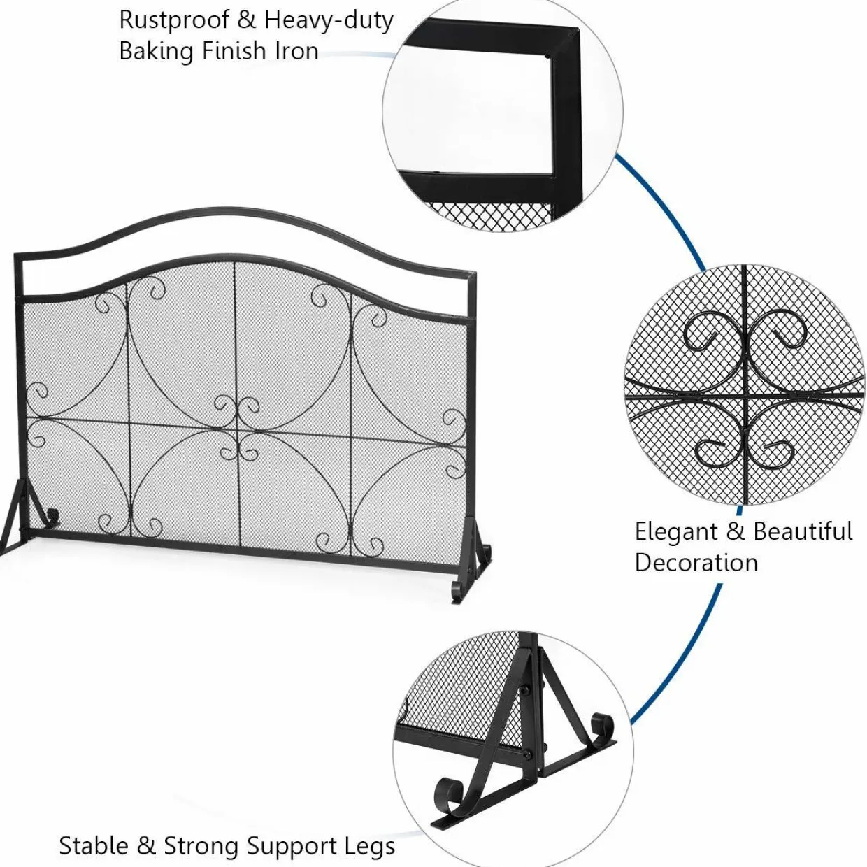 Tangkula 44.5" X 33" Inch Fireplace Screen, Decorative Iron Single Panel Fire Spark Guard Gate w/Metal Mesh