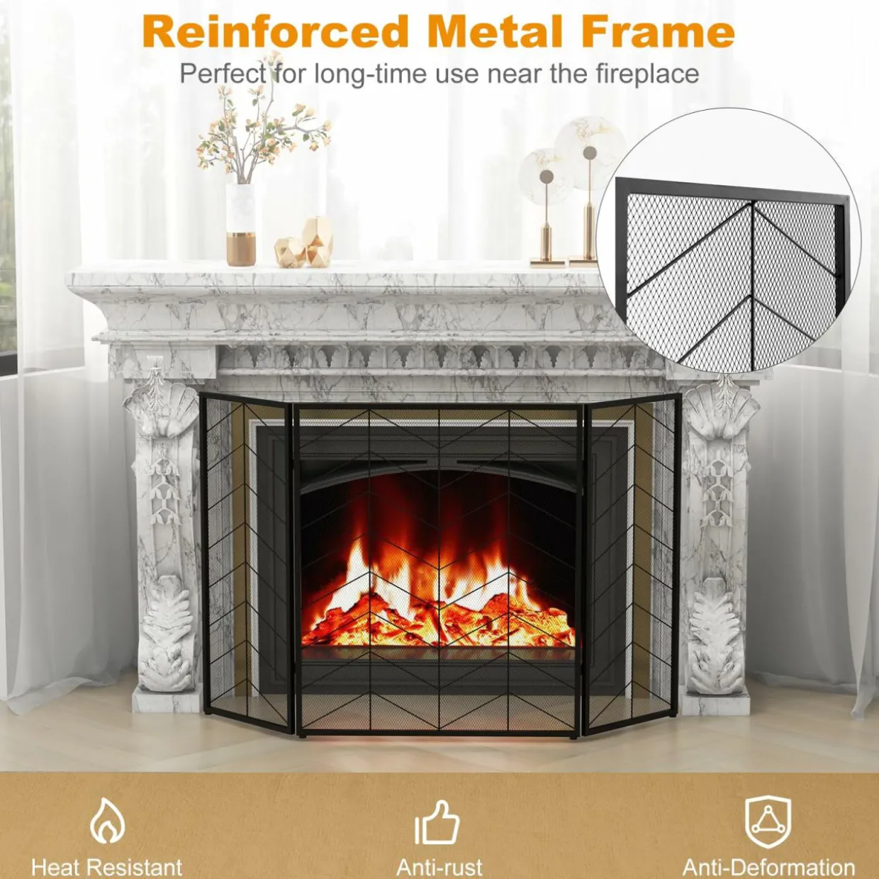 Tangkula 52 x 31 Inch Fireplace Screen, 3-Panel Folding Spark Guard w/Chevron Herringbone Pattern
