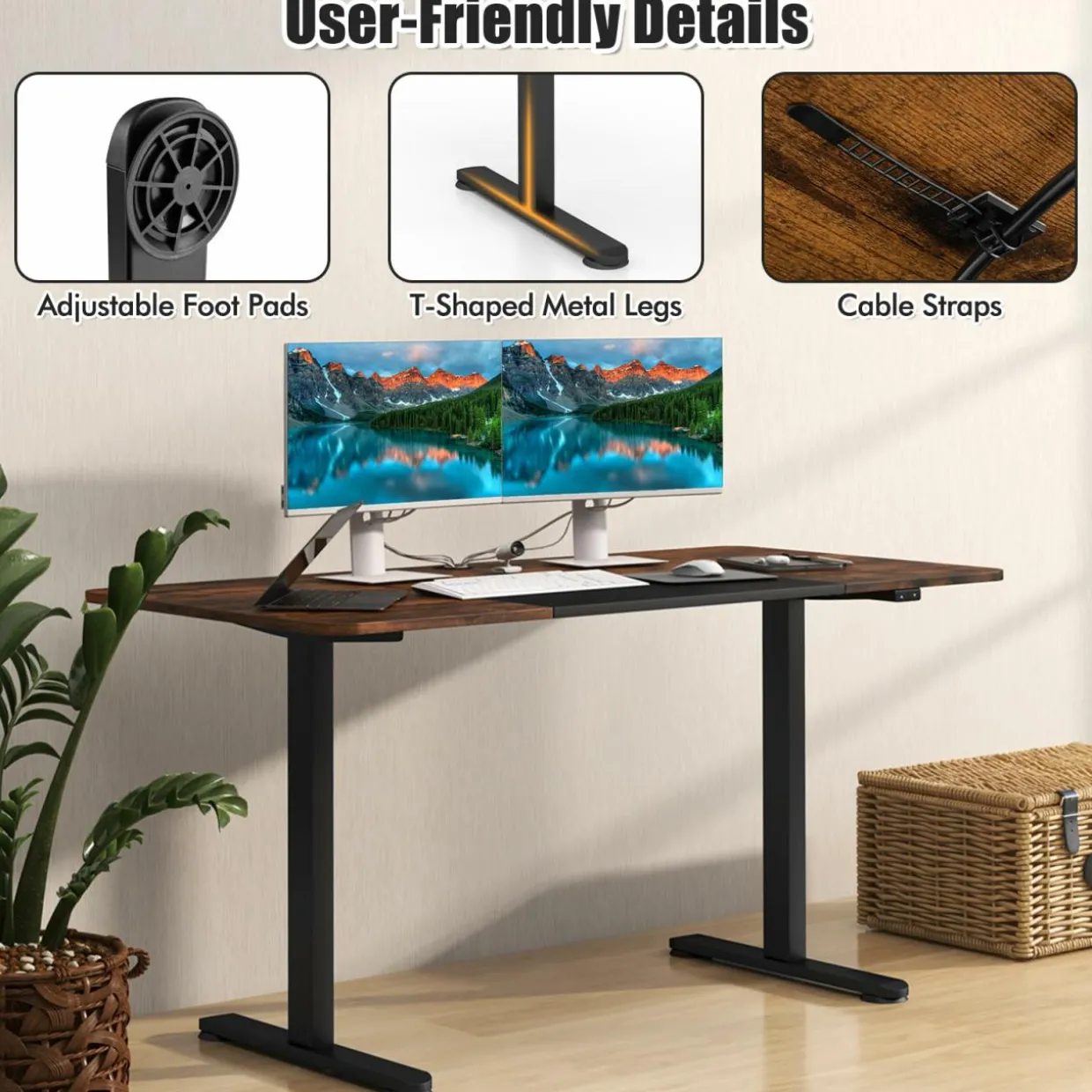 Tangkula 55 x 28 Inch Large Electric Standing Desk, Height Adjustable Sit to Stand Desk with Powerful Motor & Hanging Hook