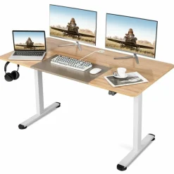 Tangkula 55 x 28 Inch Large Electric Standing Desk, Height Adjustable Sit to Stand Desk with Powerful Motor & Hanging Hook