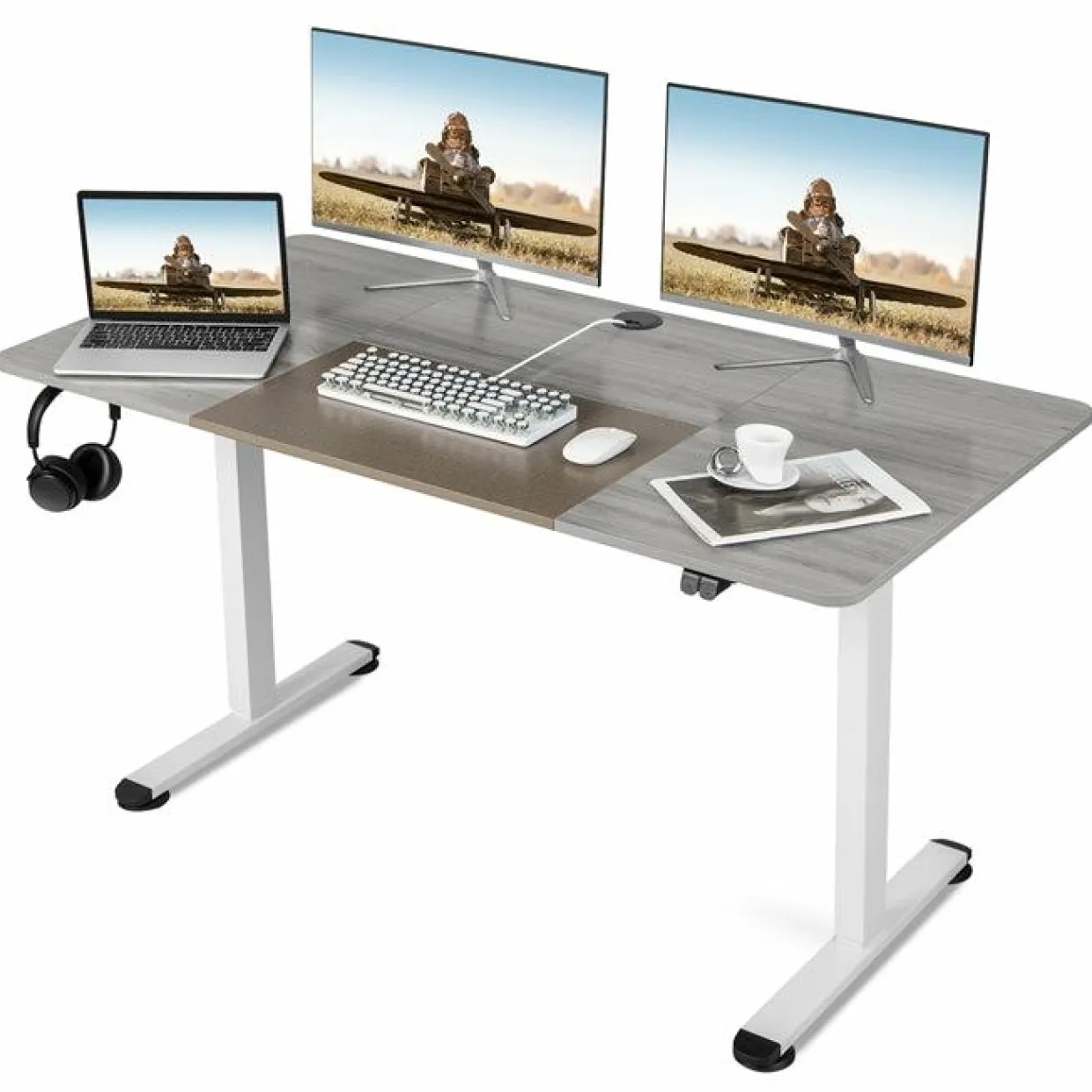 Tangkula 55 x 28 Inch Large Electric Standing Desk, Height Adjustable Sit to Stand Desk with Powerful Motor & Hanging Hook